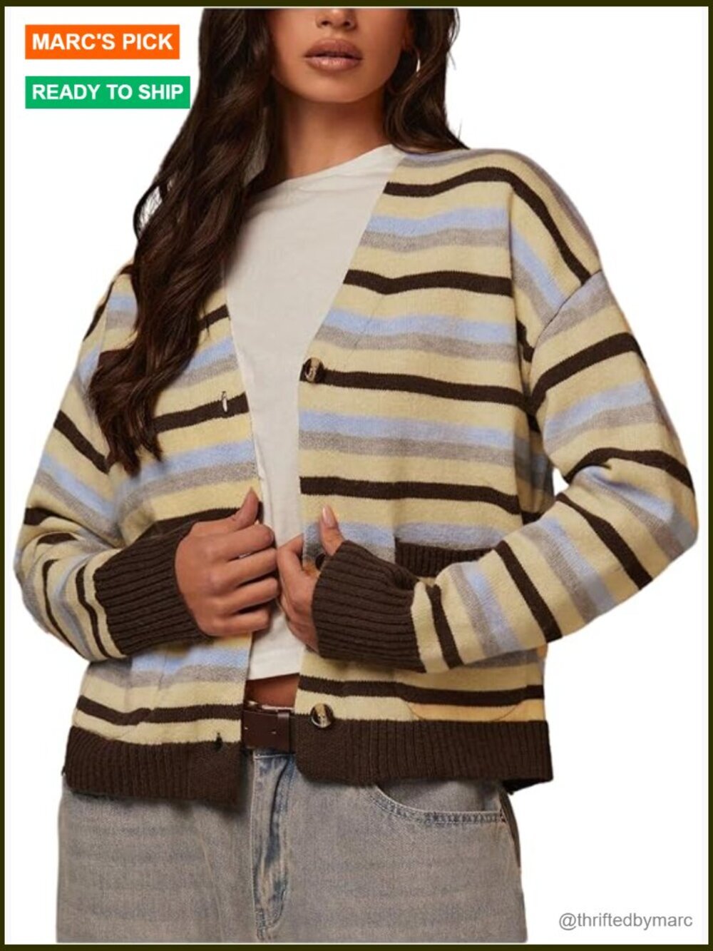 V Neck Button Down Striped Cardigan Long Sleeve Knit Tops